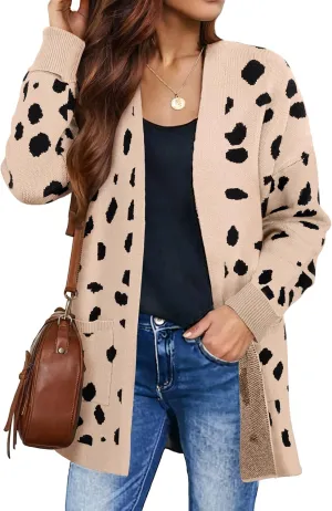 ZESICA Women's Fall Winter Long Sleeves Open Front Leopard Print Knitted Sweater Cardigan Coat Outwear