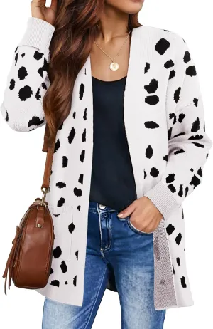 ZESICA Women's Fall Winter Long Sleeves Open Front Leopard Print Knitted Sweater Cardigan Coat Outwear