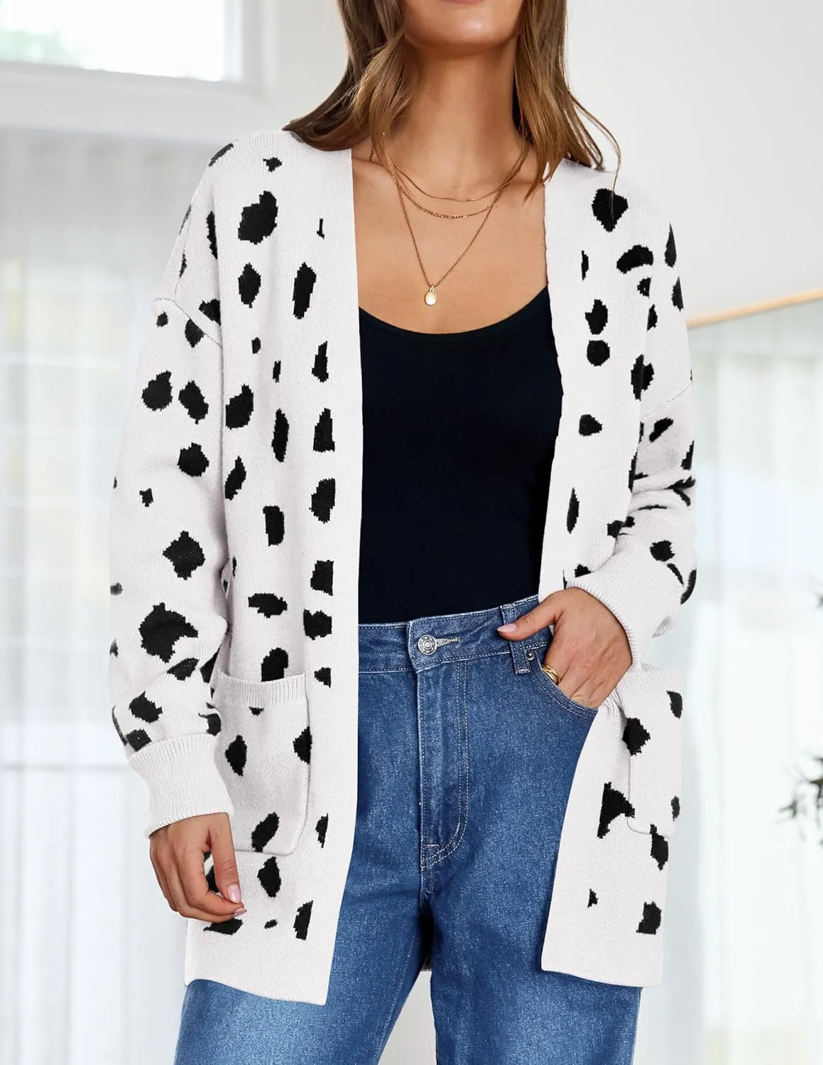 ZESICA Women's Fall Winter Long Sleeves Open Front Leopard Print Knitted Sweater Cardigan Coat Outwear